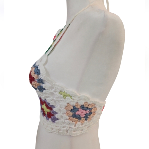 Handmade Crochet Halter Top Granny Square Floral Multicored Boho Bikini Top - Picture 9 of 17